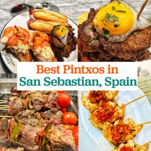 meat and seafood pintxos with title text "Best Pintxos in San Sebastian."