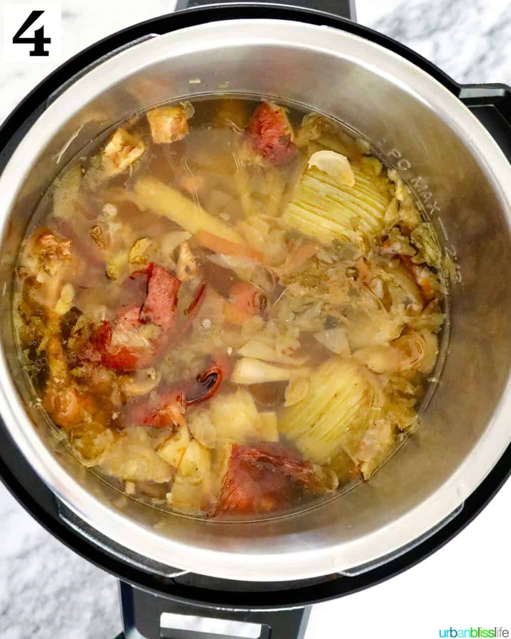 chicken bones and vegetable scraps with liquid cooked in an instant pot.