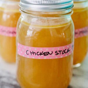 mason jar with chicken stock.