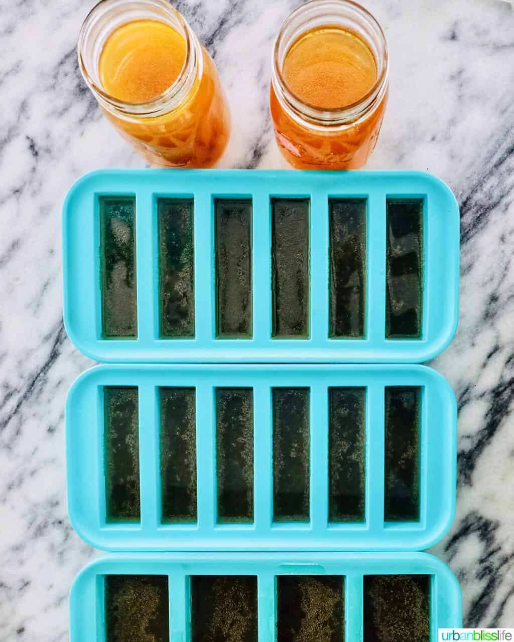 mason jars and food storage souper cubes filled with homemade chicken stock.