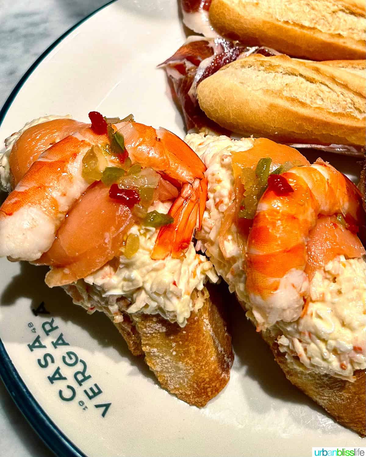 prawns and surimi on bread at Casa Vergara in San Sebastian, Spain.