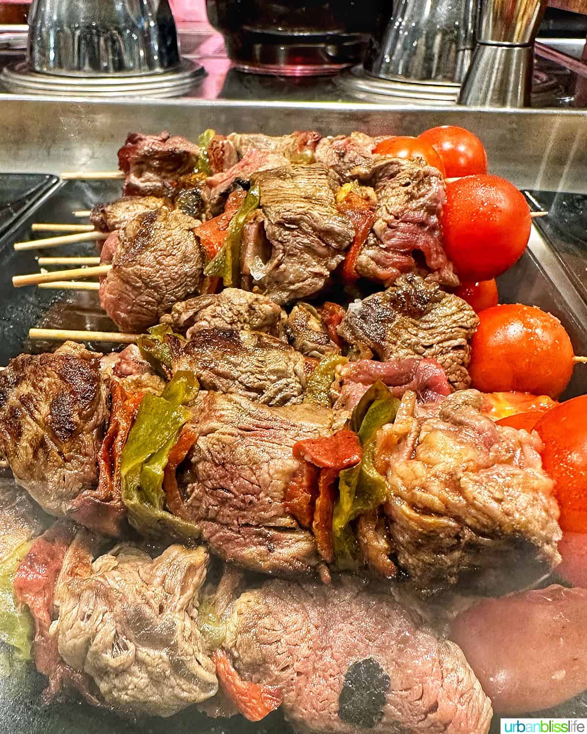 pintxos skewers of steak and vegetables.