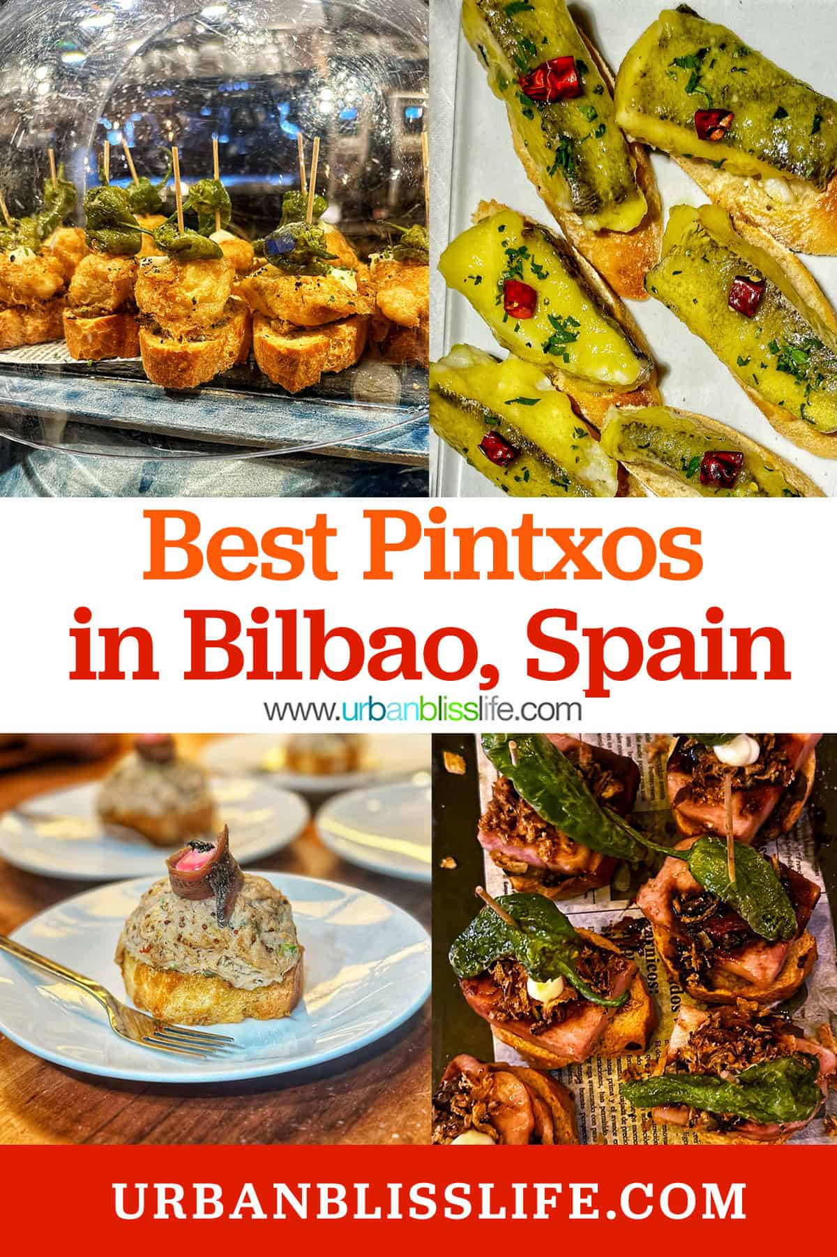 pintxos including cod, tuna, and beef with title text that reads "best pintxos in Bilbao, Spain."