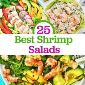 three shrimp salads with title text that reads "25 Best Shrimp Salads."