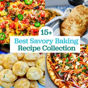 pizzas, nachos, bread and title text overlay that reads "Best Savory Baking Recipe Collection."