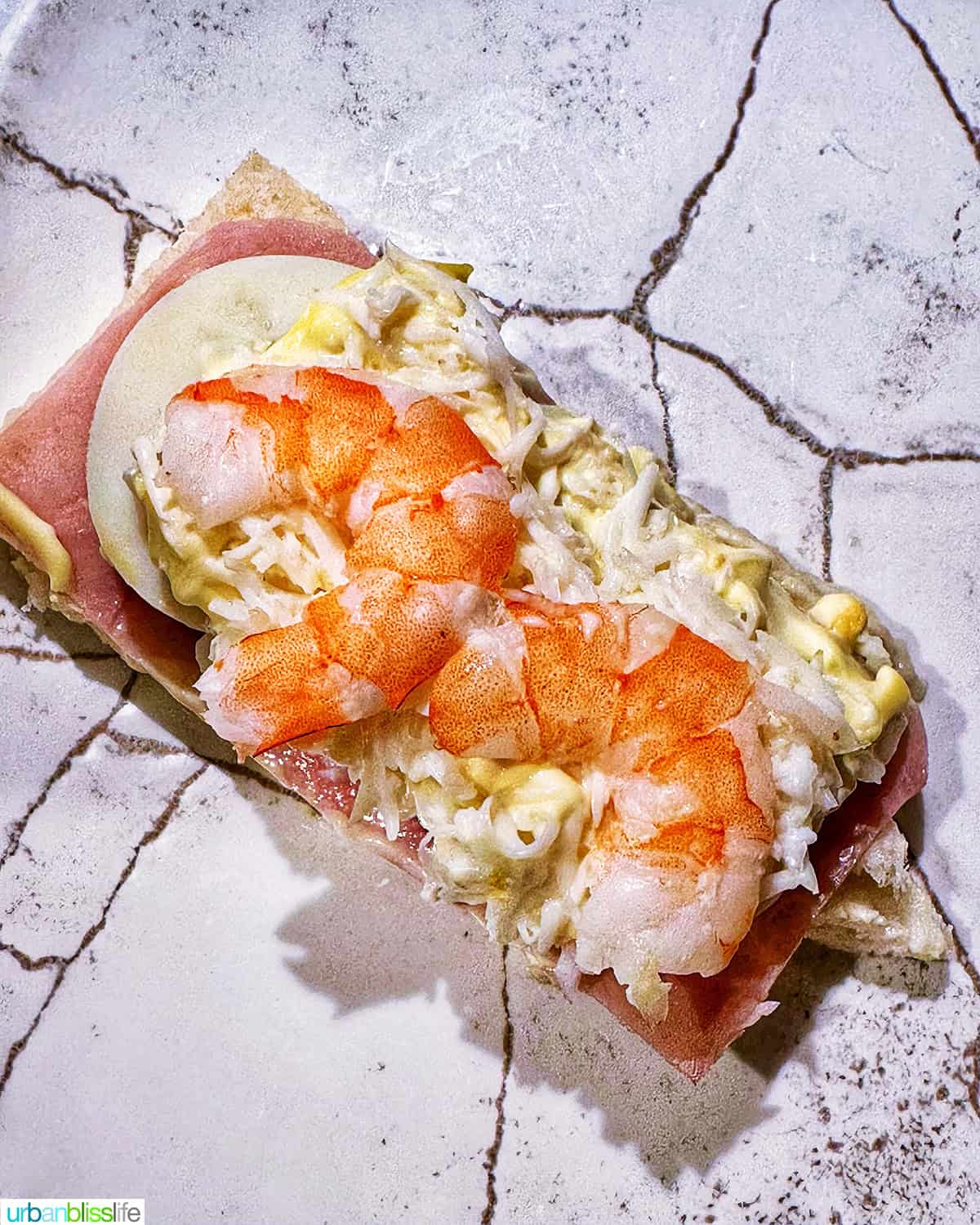 prawns on toast at Abando bar & restaurant in Bilbao, Spain.