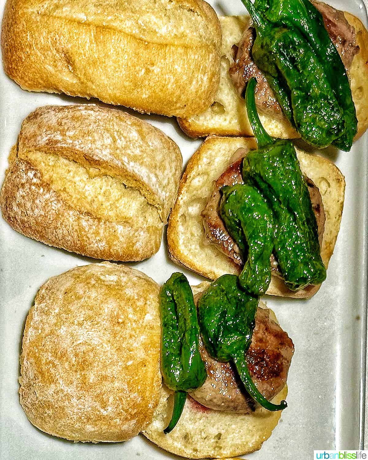 beef and peppers in bread on a white plate.