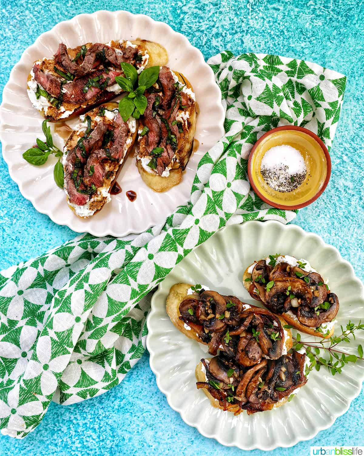 two plates of mushroom crostini.