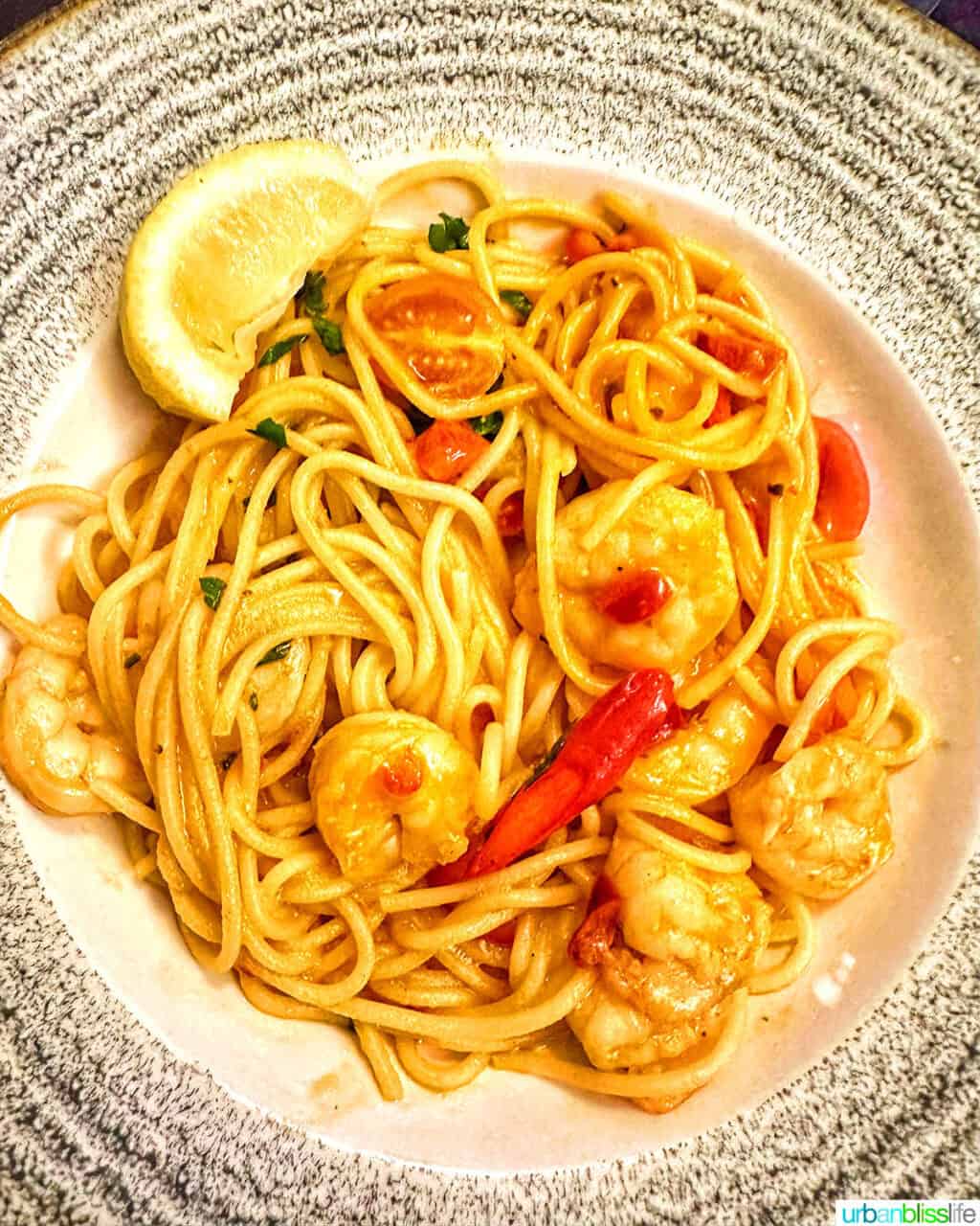 plate of shrimp pasta at Bella Italia in London.