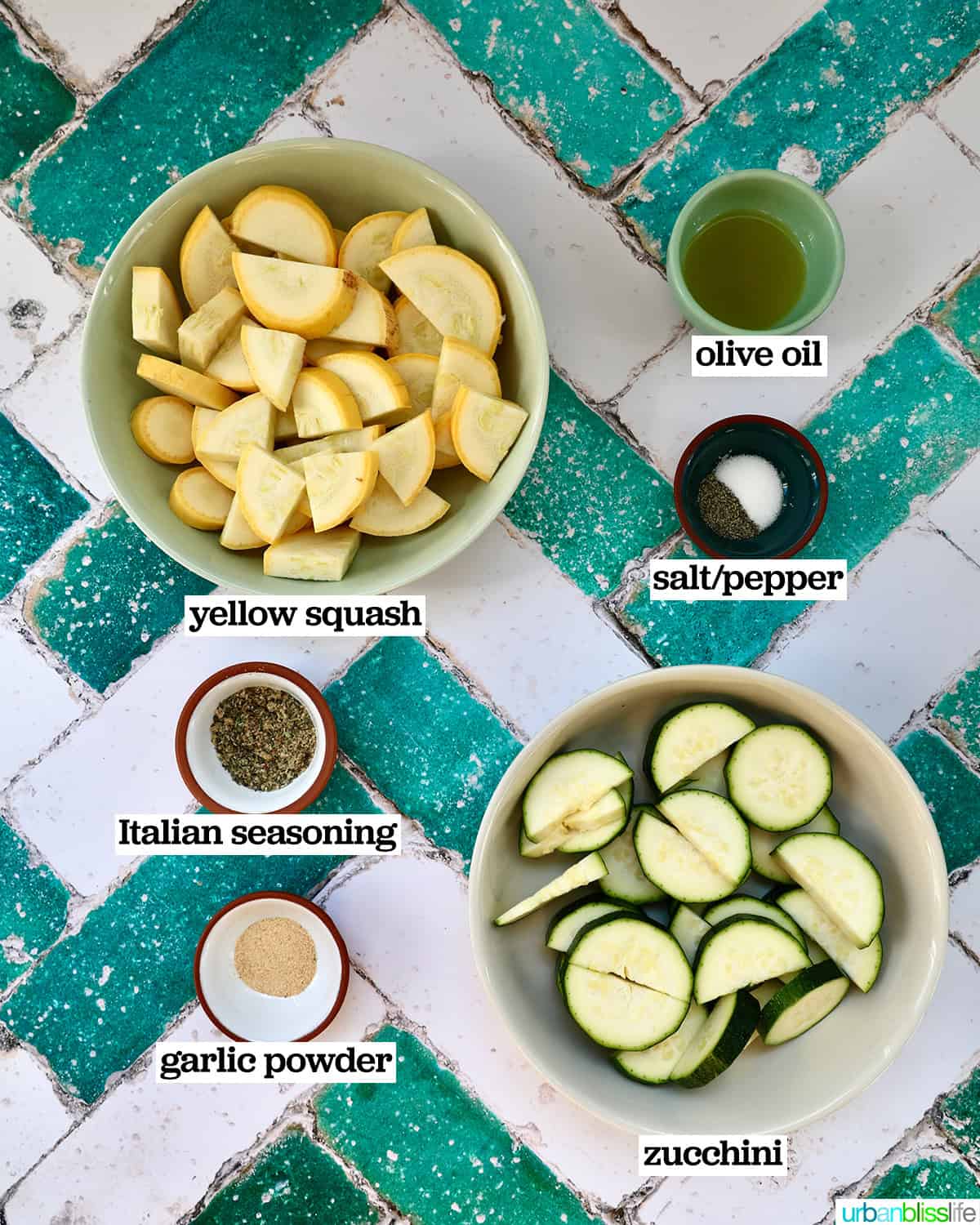 bowls of ingredients to make air fryer zucchini and squash.