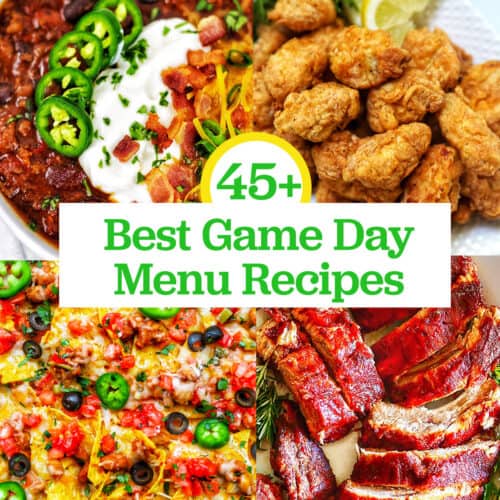 Instant Pot chili, air fryer popcorn chicken, tex mex vegetarian nachos, and instant pot bbq ribs with title text overlay "45+ Best Game Day Menu recipes."