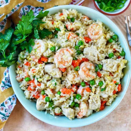 bowl of shrimp and chicken fried rice with side bowl garnish of chopped parsley.