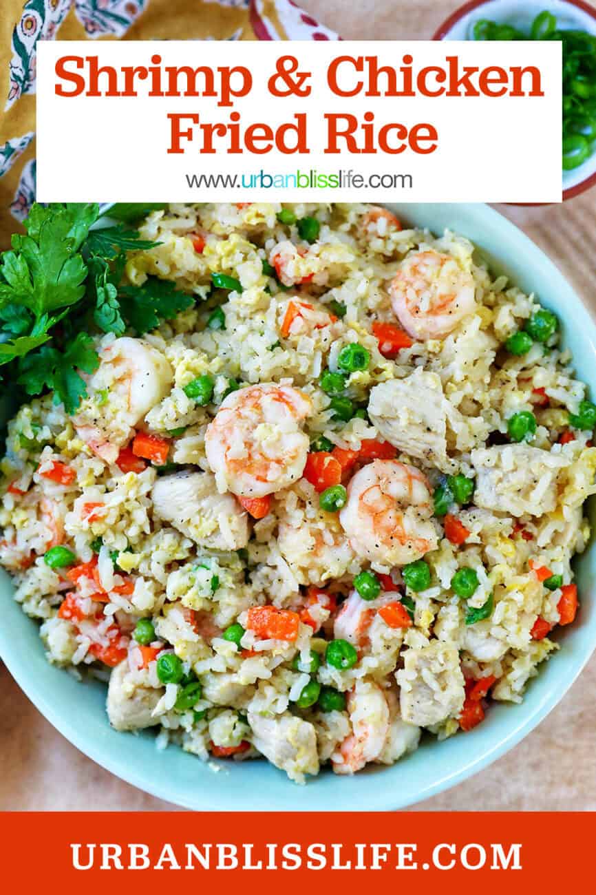 bowl of shrimp and chicken fried rice with side bowl garnish of chopped parsley and title text overlay.