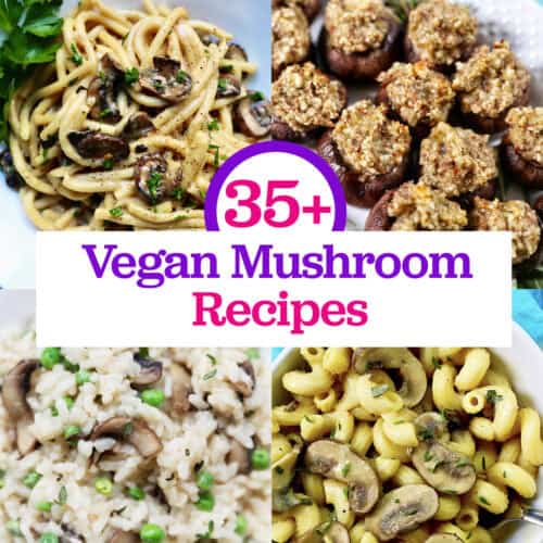 mushroom pasta, mushroom risotto, and stuffed mushrooms with title text overlay.