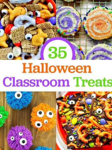 Halloween snack mix, pinwheel cookies, cupcakes, and monster bark with title text overlay.