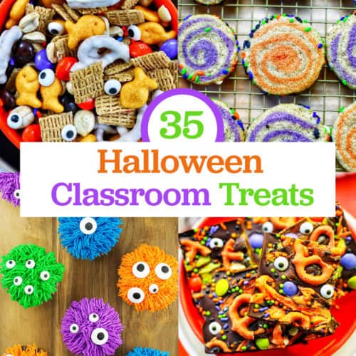 Halloween snack mix, pinwheel cookies, cupcakes, and monster bark with title text overlay.