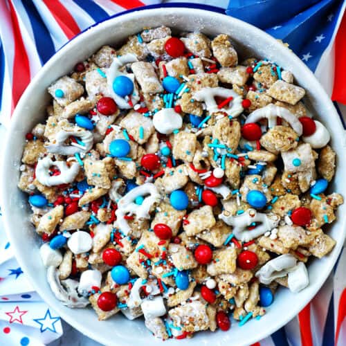 red white and blue patriotic puppy chow in a bowl