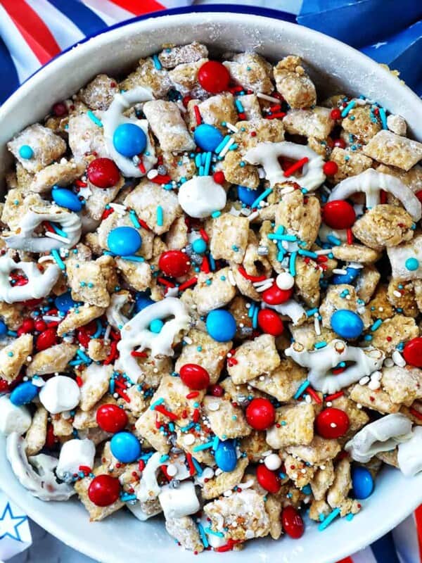 red white and blue patriotic puppy chow in a bowl