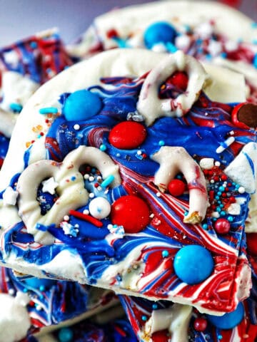 red white and blue chocolate bark, stacked.