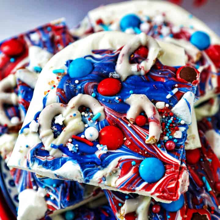red white and blue chocolate bark, stacked.