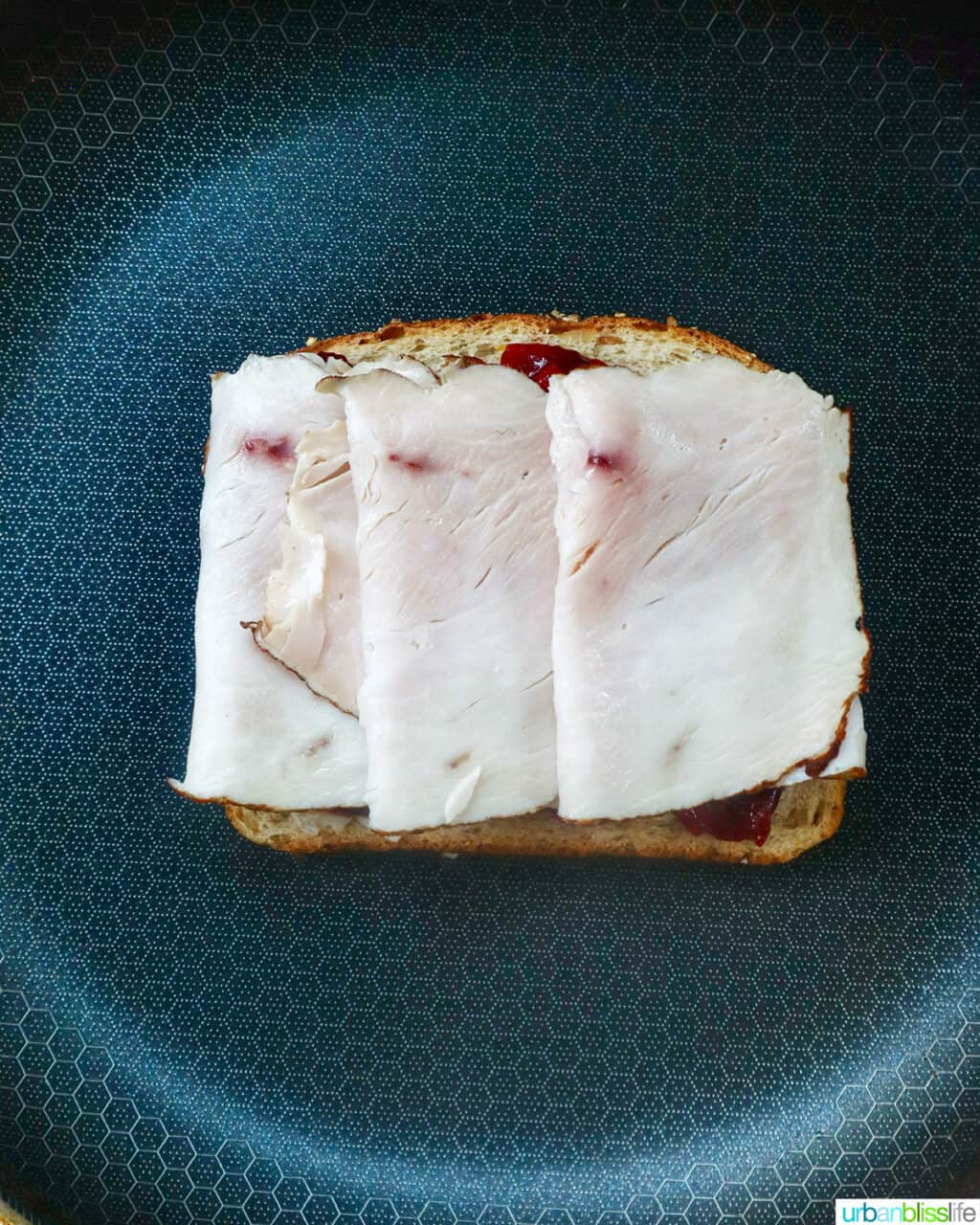 turkey slices on bread in a pan.