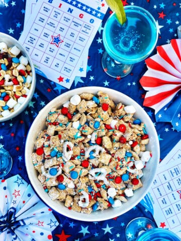 bowl of red, white and blue foods with election bingo cards.