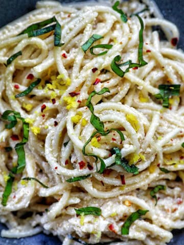 bowl of tahini pasta.