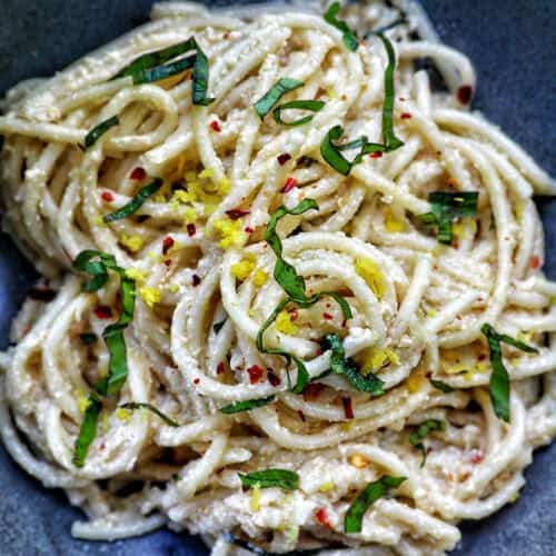 bowl of tahini pasta.