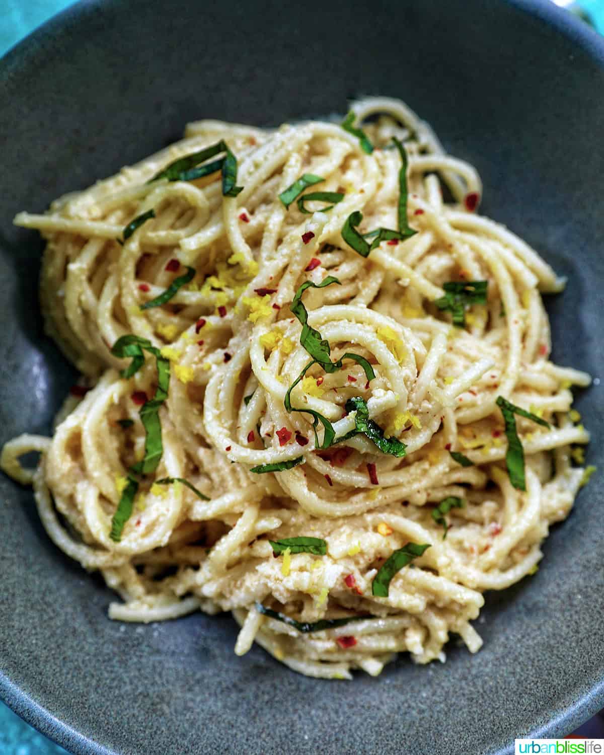 bowl of tahini pasta.