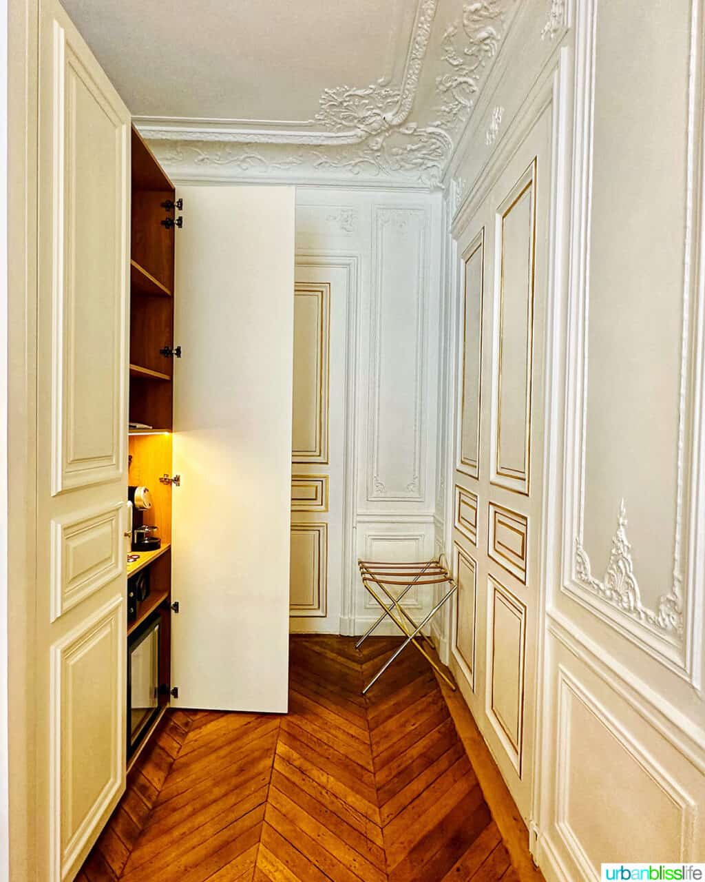 minibar area and closet in suite at hotel alfred sommier in paris