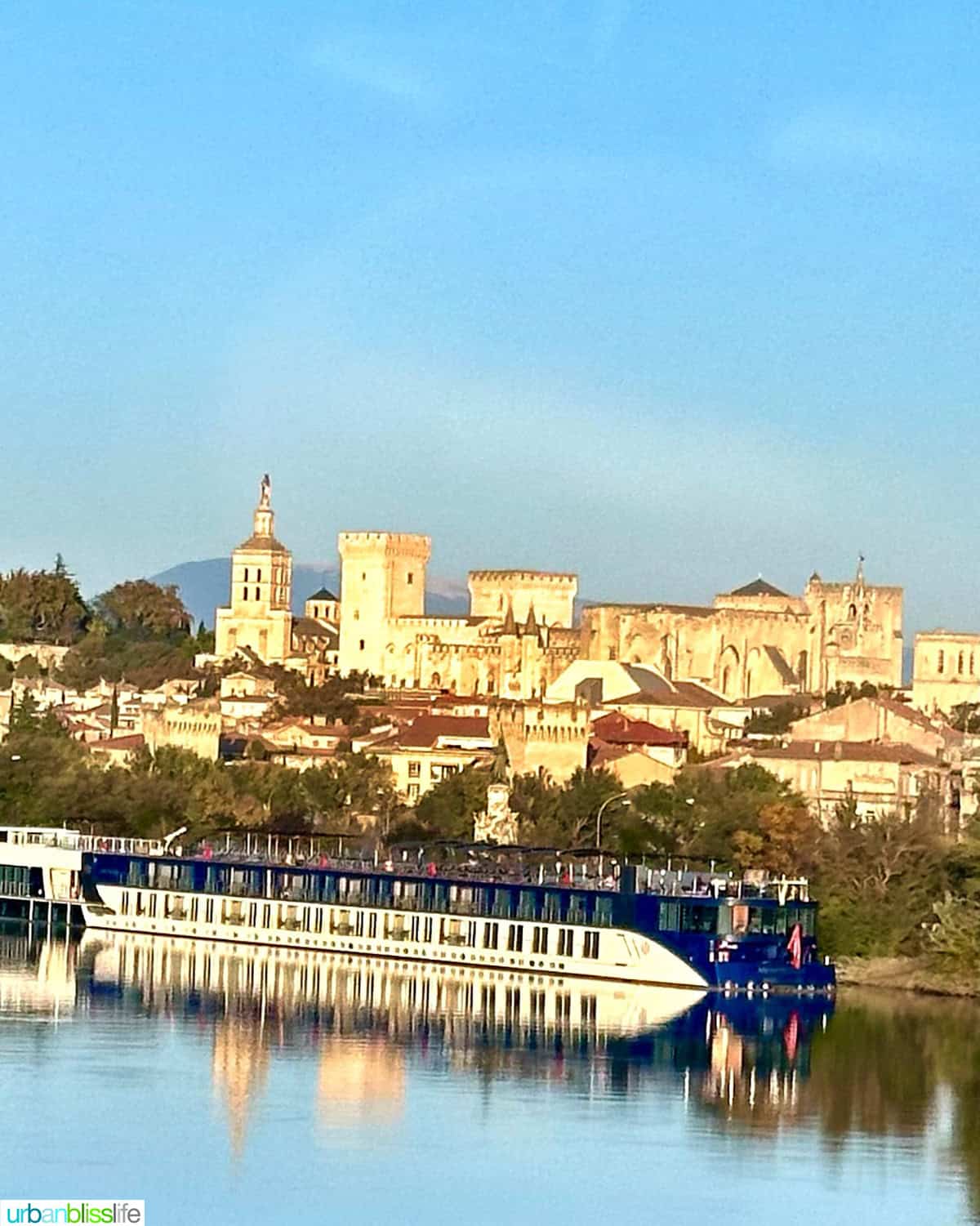 amaKristina river cruise ship on the Rhone River docked in Avignon, France.