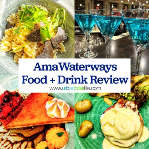 truffle pasta, blue cocktails, pie, and eggs benedict with title text overlay "AmaWaterways Food and Drink Review."