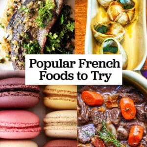 trout muniere, escargot, macarons, and beef bourguignon with title text overlay.