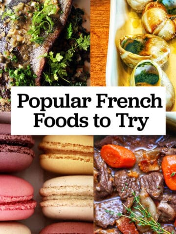 trout muniere, escargot, macarons, and beef bourguignon with title text overlay.