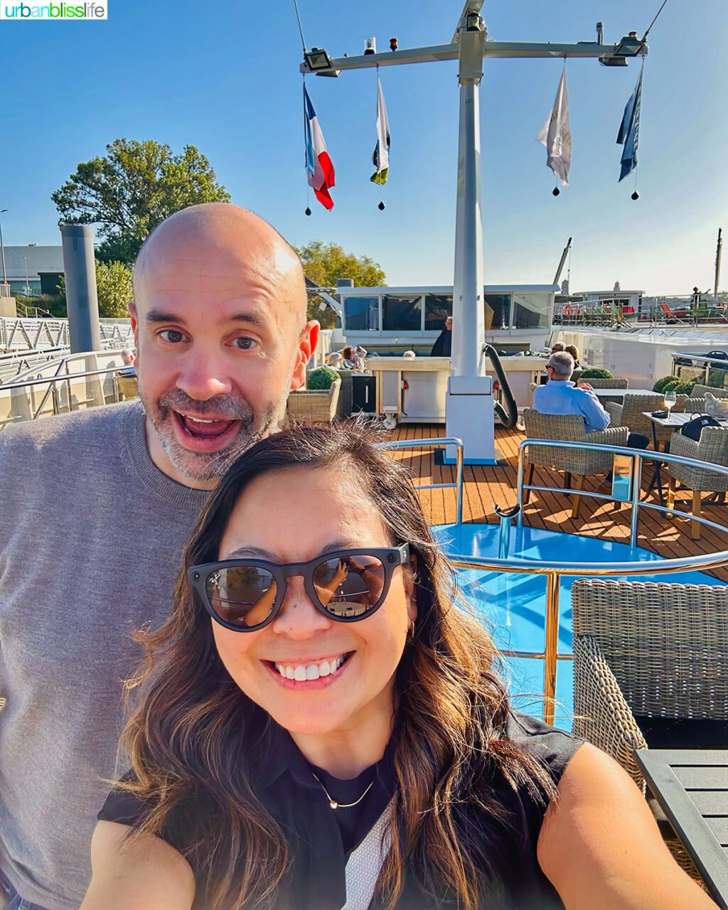 Marlynn and Alain Schotland on the Sun Deck aboard AmaWaterways AmaKristina river cruise ship.