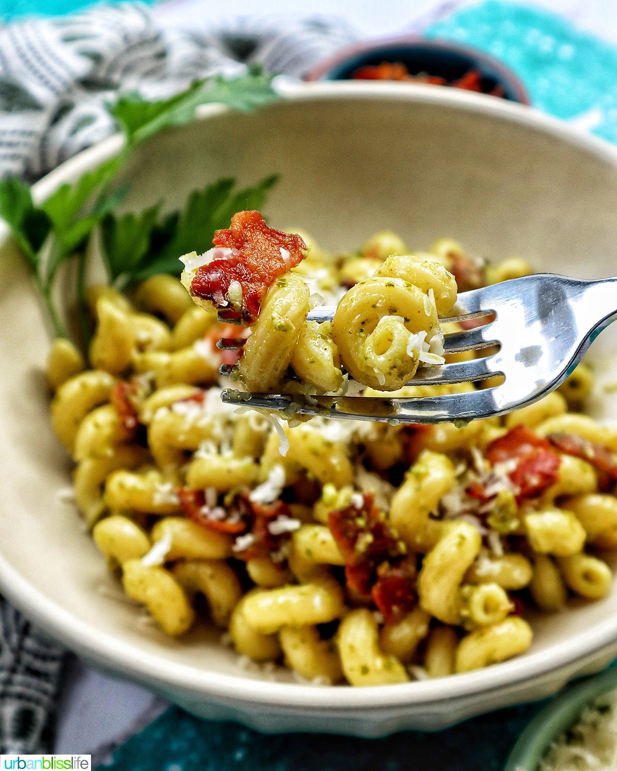 bowl of bacon pesto pasta.