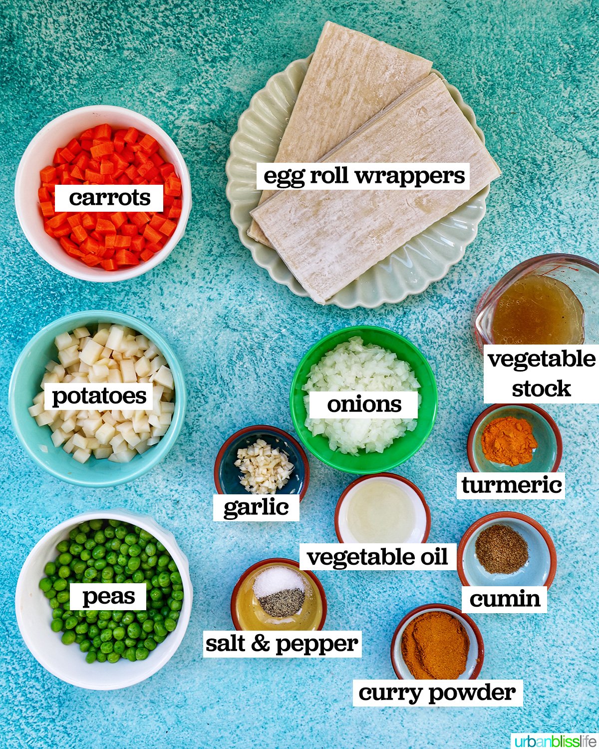 bowls of ingredients to make vegan curry samosas.