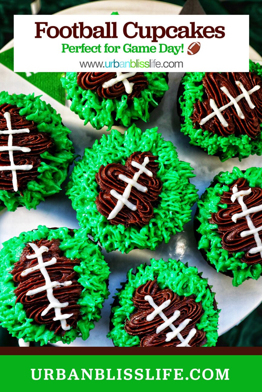 football cupcakes decorated on a cake stand with title text overlay.