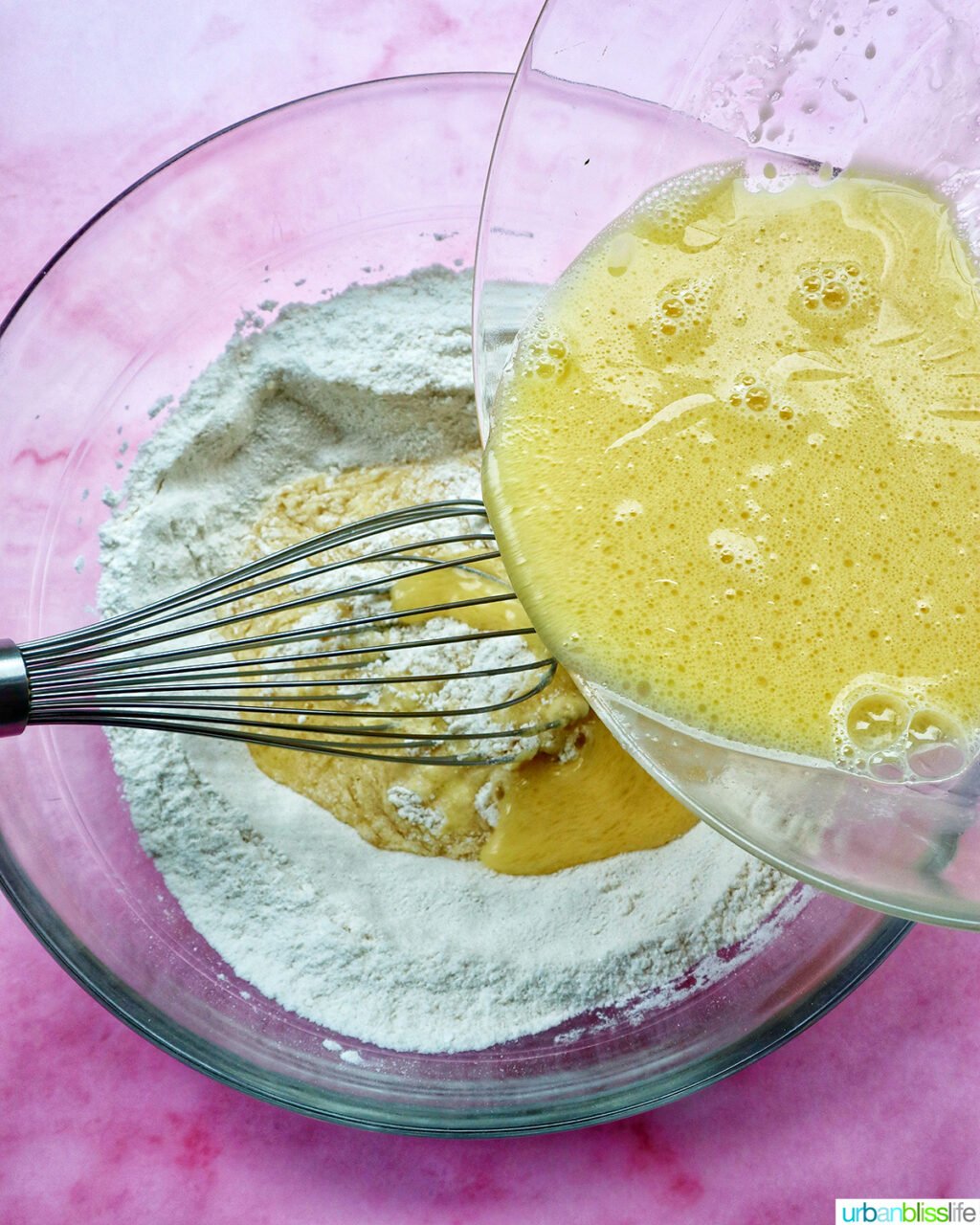 whisk whisking batter for muffins in a bowl.