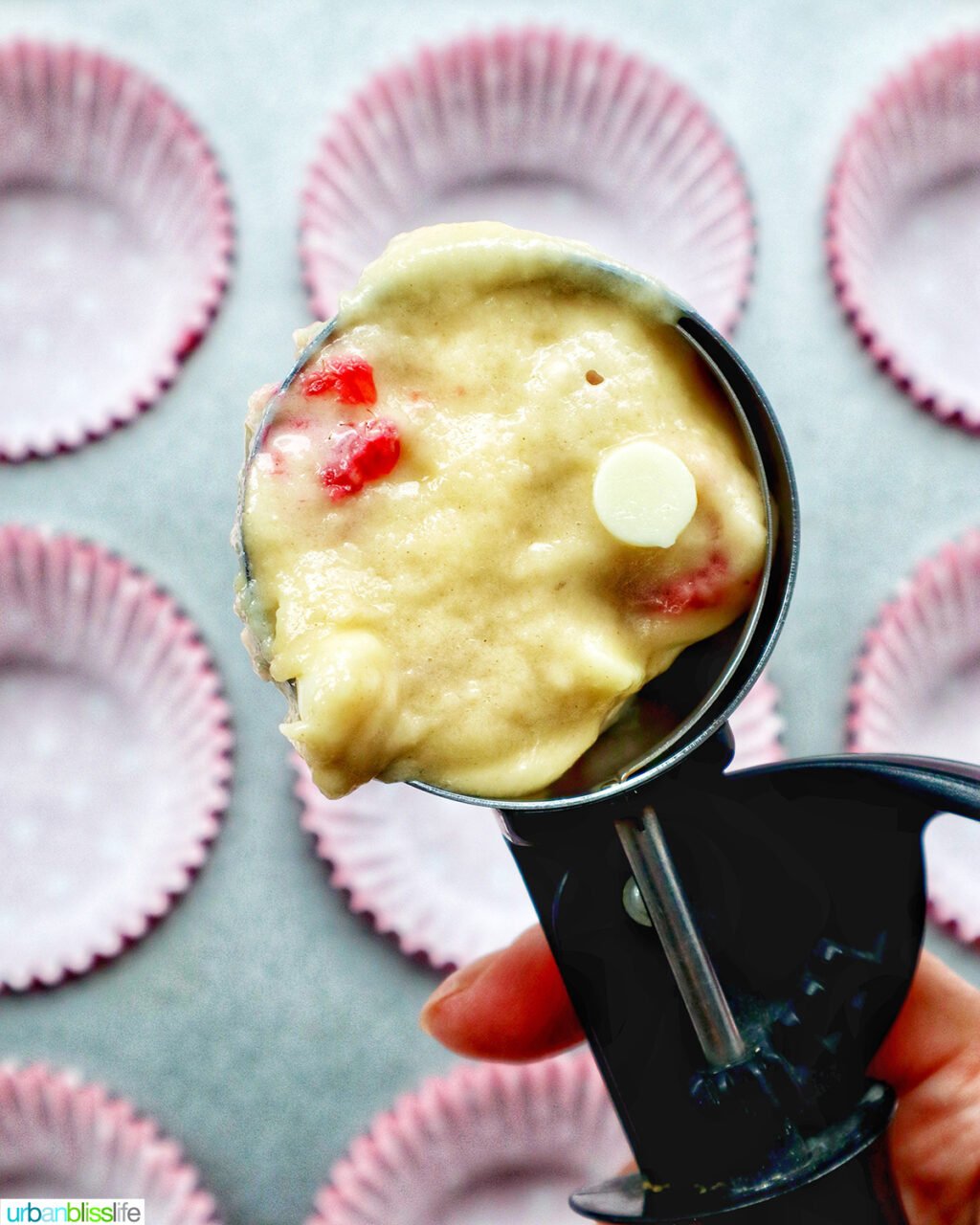 scoop of raspberry white chocolate chip muffin batter.