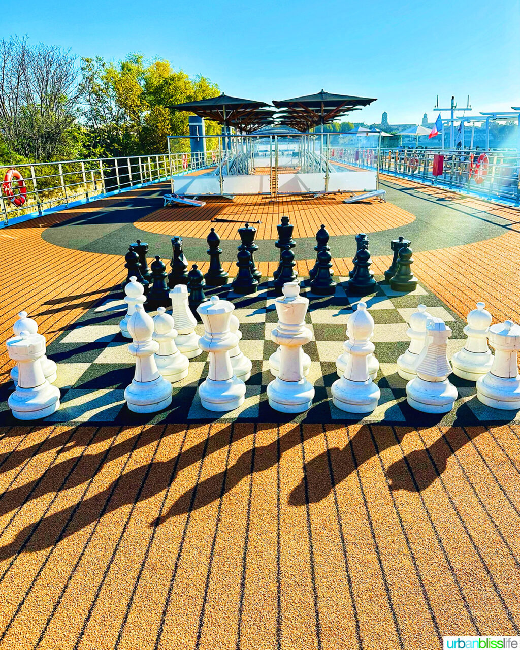 Large outdoor chess set aboard AmaWaterways AmaKristina river cruise ship.