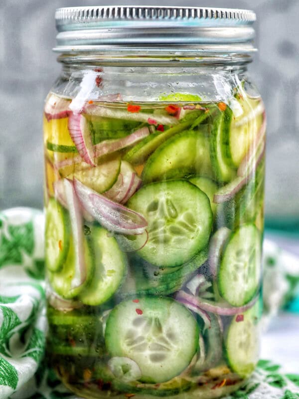 jar of Asian pickled cucumbers.