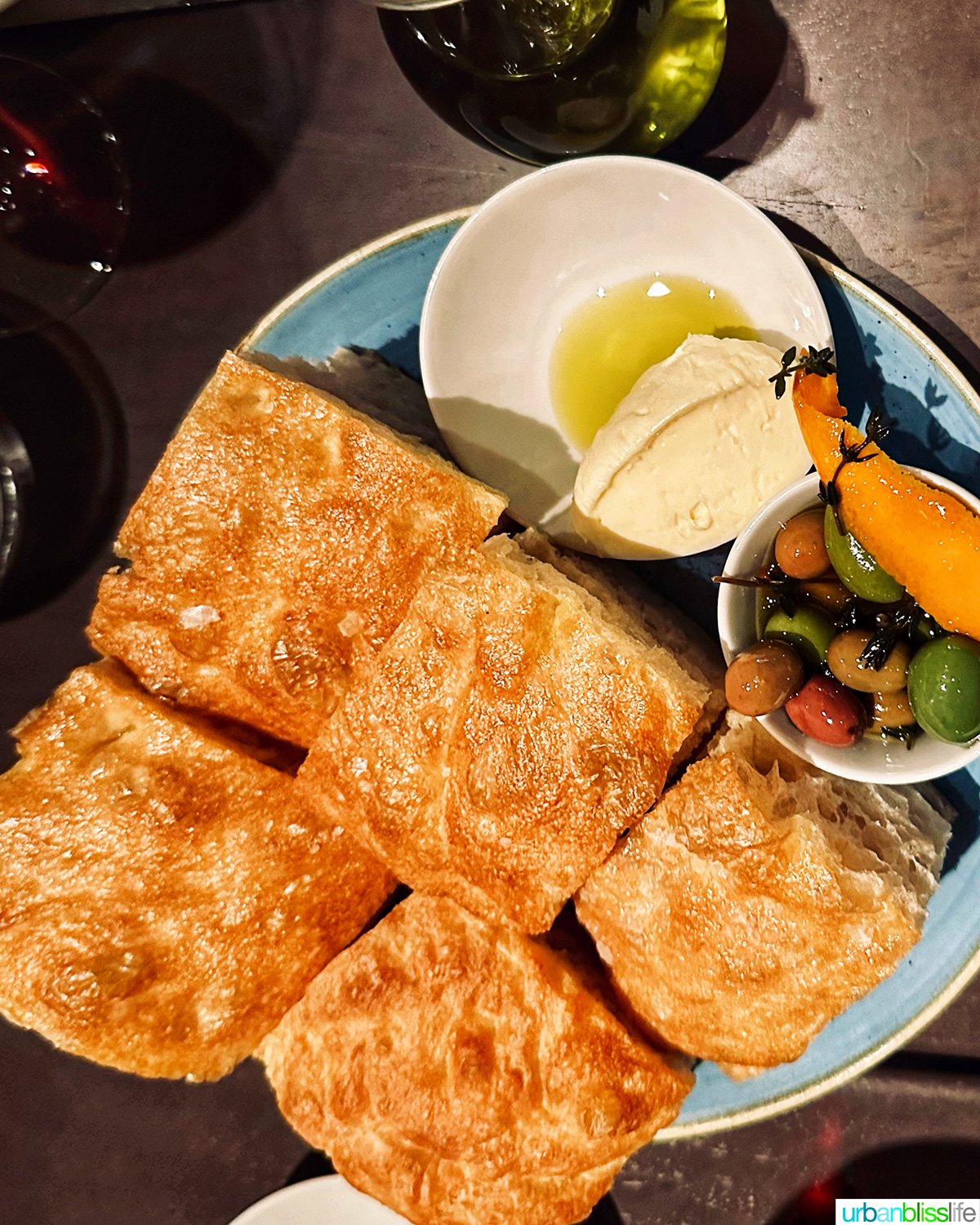 focaccia bread and olives at Carlotto restaurant in NYC New York.