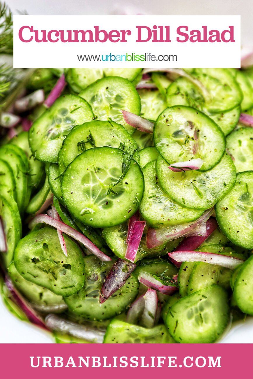 bowl of cucumber dill salad with title text overlay.