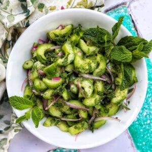 bowl of cucumber mint salad.