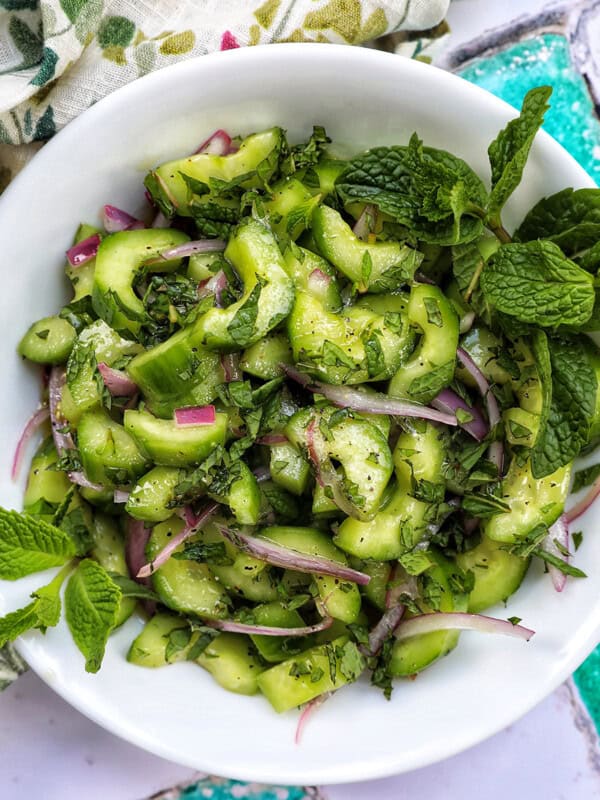 bowl of cucumber mint salad.