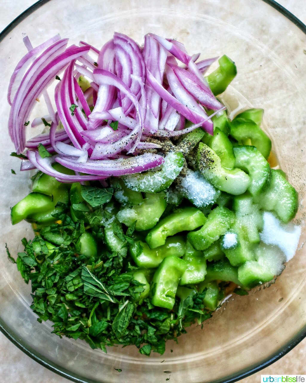 cucumbers, mint, red onions in a bowl.