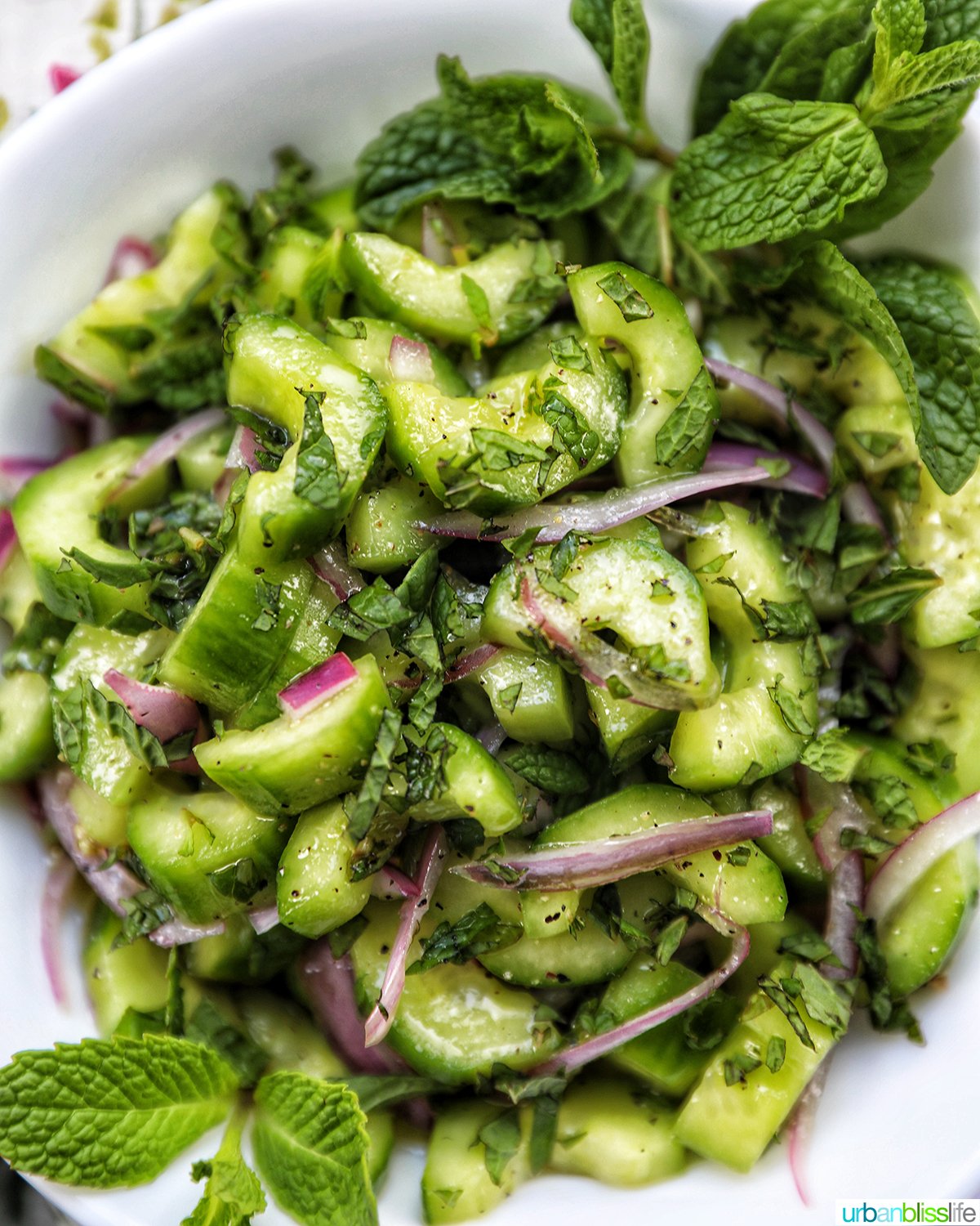 bowl of cucumber mint salad.