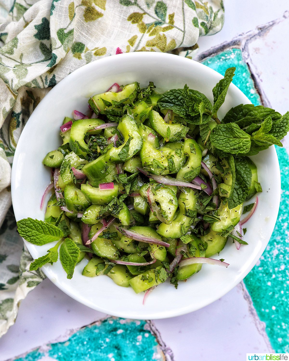 bowl of cucumber mint salad.