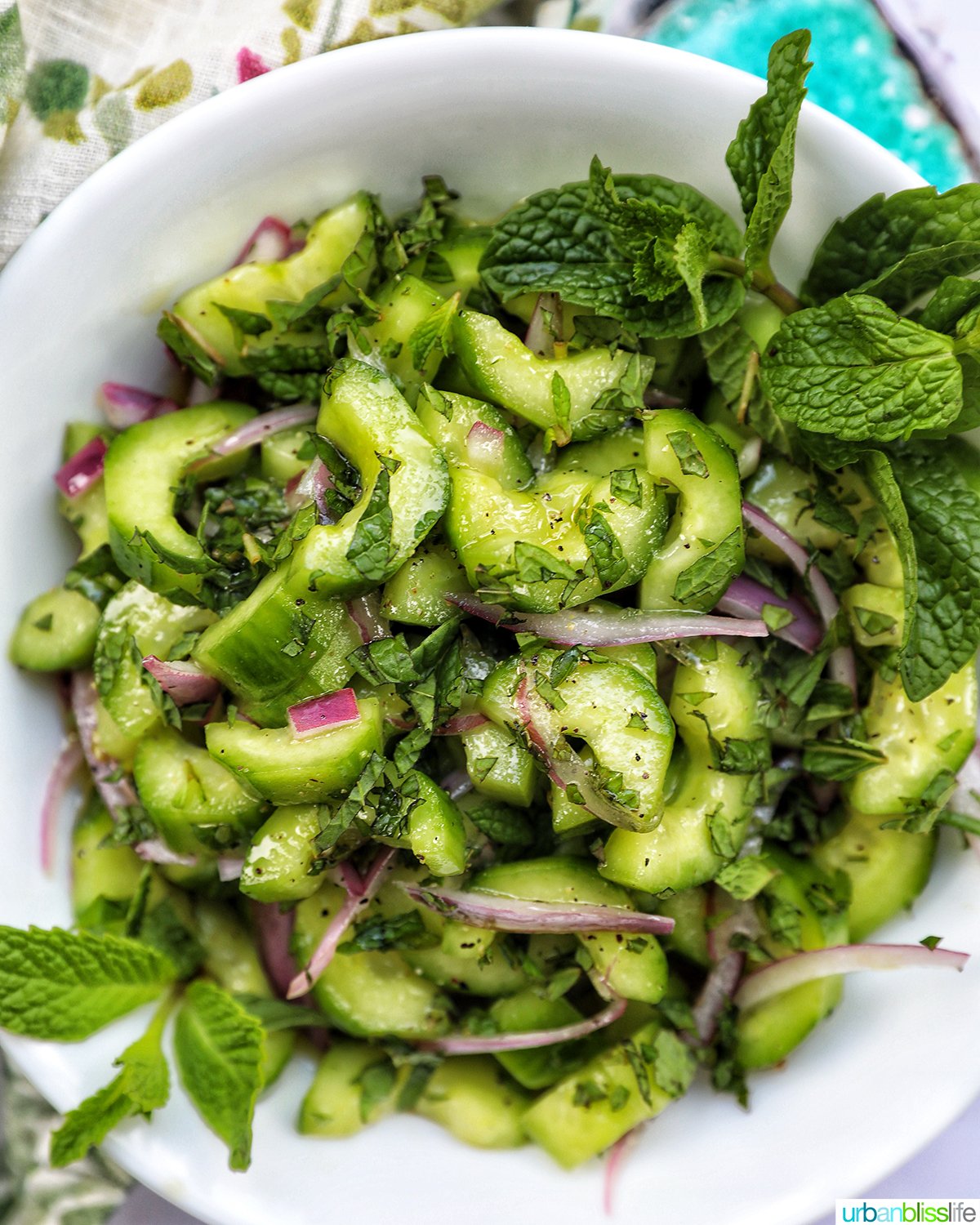 bowl of cucumber mint salad.